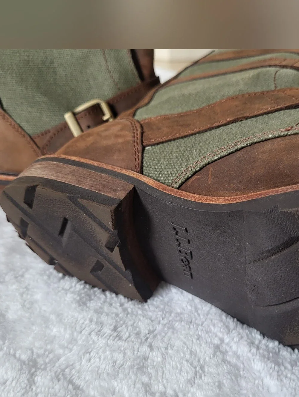 Brown Leather and Olive Canvas Buckle Boots